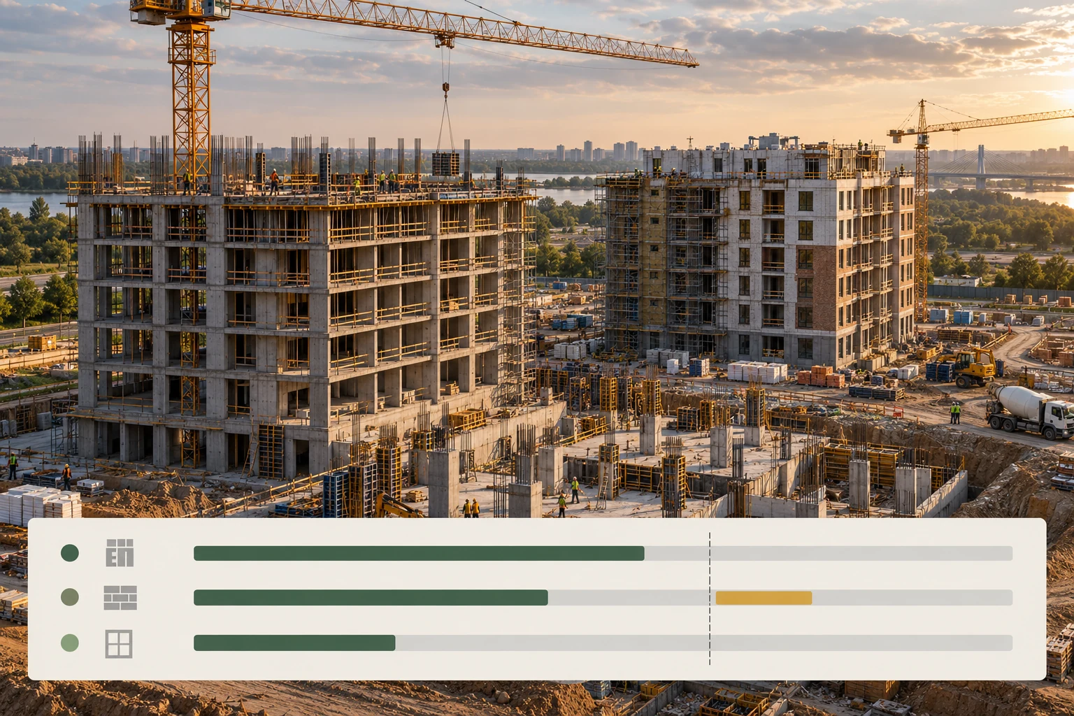 Work schedule illustration: buildings under construction and separate planned and actual progress bars