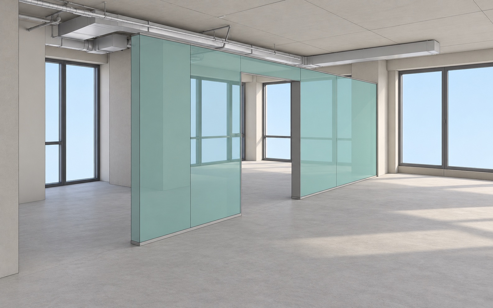 BIM model of the same room showing the designed full-height partitions